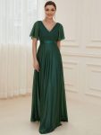 Sparkling Short Sleeve V-Neck Ribbon Waist A-Line Evening Dress – Dark Green