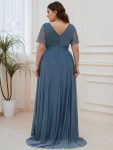 Sparkling Short Sleeve V-Neck Ribbon Waist A-Line Evening Dress – Dusty Navy