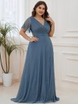 Sparkling Short Sleeve V-Neck Ribbon Waist A-Line Evening Dress – Dusty Navy