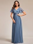 Sparkling Short Sleeve V-Neck Ribbon Waist A-Line Evening Dress – Dusty Navy