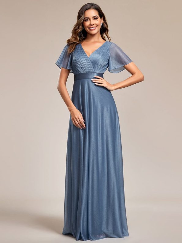 Sparkling Short Sleeve V-Neck Ribbon Waist A-Line Evening Dress - Dusty Navy