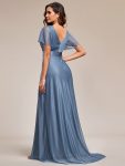 Sparkling Short Sleeve V-Neck Ribbon Waist A-Line Evening Dress – Dusty Navy