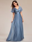 Sparkling Short Sleeve V-Neck Ribbon Waist A-Line Evening Dress – Dusty Navy