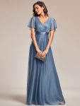 Sparkling Short Sleeve V-Neck Ribbon Waist A-Line Evening Dress - Dusty Navy