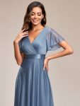 Sparkling Short Sleeve V-Neck Ribbon Waist A-Line Evening Dress – Dusty Navy