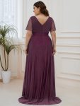 Sparkling Short Sleeve V-Neck Ribbon Waist A-Line Evening Dress – Dark Purple