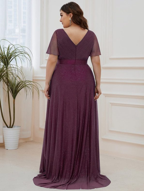 Sparkling Short Sleeve V-Neck Ribbon Waist A-Line Evening Dress - Dark Purple