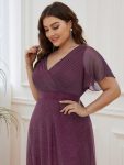 Sparkling Short Sleeve V-Neck Ribbon Waist A-Line Evening Dress – Dark Purple