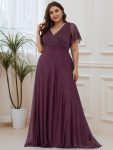 Sparkling Short Sleeve V-Neck Ribbon Waist A-Line Evening Dress – Dark Purple