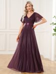 Sparkling Short Sleeve V-Neck Ribbon Waist A-Line Evening Dress – Dark Purple