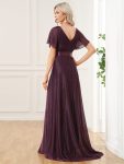 Sparkling Short Sleeve V-Neck Ribbon Waist A-Line Evening Dress – Dark Purple