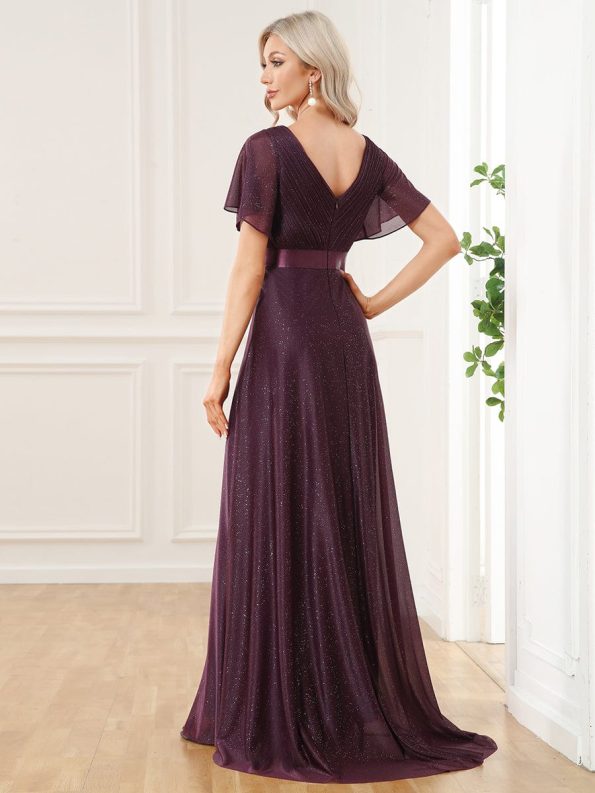 Sparkling Short Sleeve V-Neck Ribbon Waist A-Line Evening Dress - Dark Purple