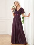 Sparkling Short Sleeve V-Neck Ribbon Waist A-Line Evening Dress – Dark Purple