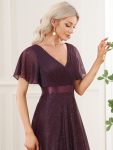 Sparkling Short Sleeve V-Neck Ribbon Waist A-Line Evening Dress – Dark Purple