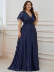 Sparkling Short Sleeve V-Neck Ribbon Waist A-Line Evening Dress – Navy Blue