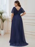 Sparkling Short Sleeve V-Neck Ribbon Waist A-Line Evening Dress – Navy Blue