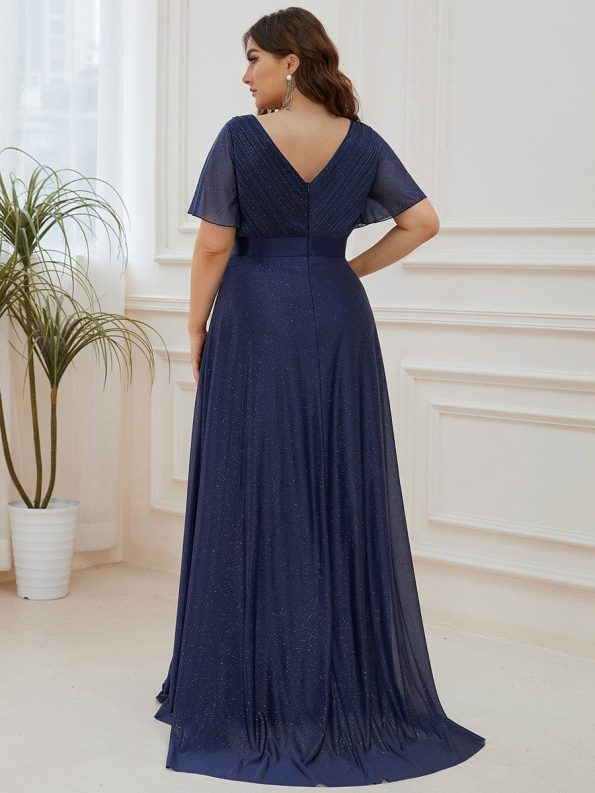 Sparkling Short Sleeve V-Neck Ribbon Waist A-Line Evening Dress - Navy Blue