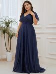 Sparkling Short Sleeve V-Neck Ribbon Waist A-Line Evening Dress – Navy Blue