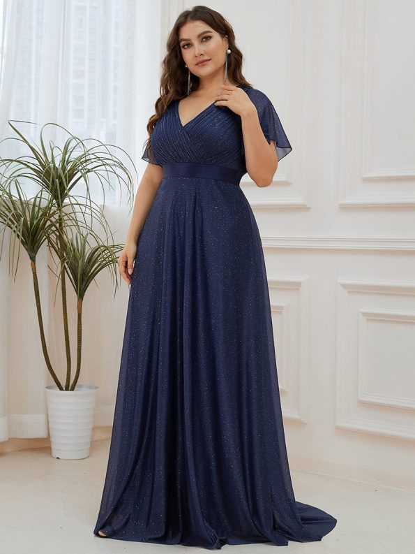 Sparkling Short Sleeve V-Neck Ribbon Waist A-Line Evening Dress - Navy Blue