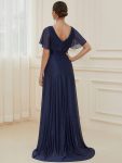 Sparkling Short Sleeve V-Neck Ribbon Waist A-Line Evening Dress – Navy Blue