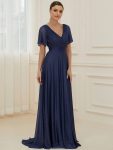 Sparkling Short Sleeve V-Neck Ribbon Waist A-Line Evening Dress – Navy Blue