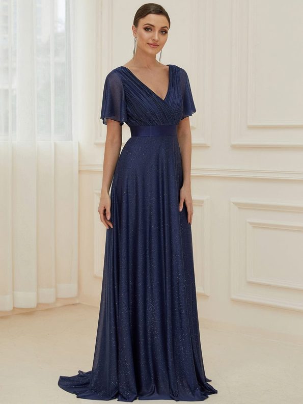 Sparkling Short Sleeve V-Neck Ribbon Waist A-Line Evening Dress - Navy Blue