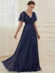 Sparkling Short Sleeve V-Neck Ribbon Waist A-Line Evening Dress – Navy Blue