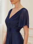 Sparkling Short Sleeve V-Neck Ribbon Waist A-Line Evening Dress – Navy Blue