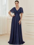 Sparkling Short Sleeve V-Neck Ribbon Waist A-Line Evening Dress – Navy Blue