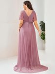 Sparkling Short Sleeve V-Neck Ribbon Waist A-Line Evening Dress – Purple Orchid