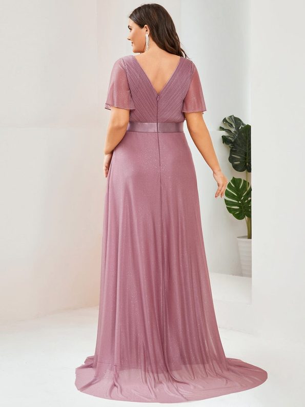 Sparkling Short Sleeve V-Neck Ribbon Waist A-Line Evening Dress - Purple Orchid