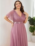 Sparkling Short Sleeve V-Neck Ribbon Waist A-Line Evening Dress – Purple Orchid