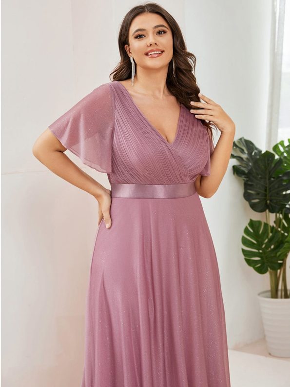 Sparkling Short Sleeve V-Neck Ribbon Waist A-Line Evening Dress - Purple Orchid