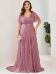 Sparkling Short Sleeve V-Neck Ribbon Waist A-Line Evening Dress – Purple Orchid