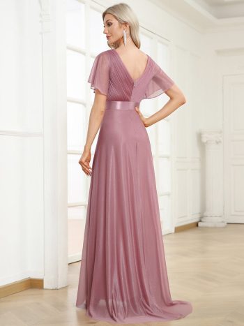 Sparkling Short Sleeve V-Neck Ribbon Waist A-Line Evening Dress - Purple Orchid