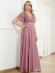 Sparkling Short Sleeve V-Neck Ribbon Waist A-Line Evening Dress – Purple Orchid