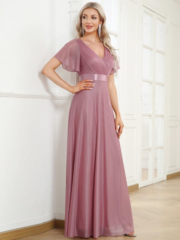 Sparkling Short Sleeve V-Neck Ribbon Waist A-Line Evening Dress - Purple Orchid