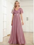 Sparkling Short Sleeve V-Neck Ribbon Waist A-Line Evening Dress – Purple Orchid