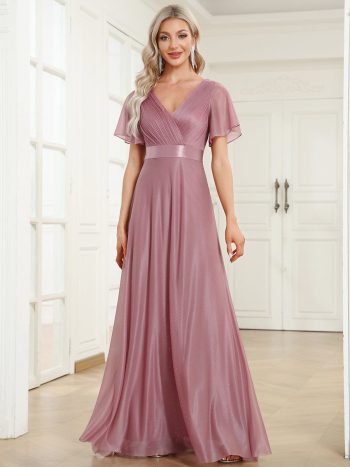 Sparkling Short Sleeve V-Neck Ribbon Waist A-Line Evening Dress - Purple Orchid