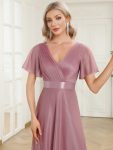 Sparkling Short Sleeve V-Neck Ribbon Waist A-Line Evening Dress – Purple Orchid