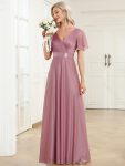 Sparkling Short Sleeve V-Neck Ribbon Waist A-Line Evening Dress – Purple Orchid