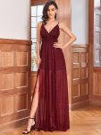 Spaghetti Strap 2 in 1 Sheer Evening Dress - Burgundy