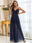 Spaghetti Strap 2 in 1 Sheer Evening Dress – Navy Blue