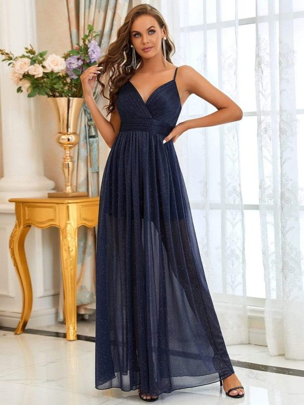 Spaghetti Strap 2 in 1 Sheer Evening Dress - Navy Blue