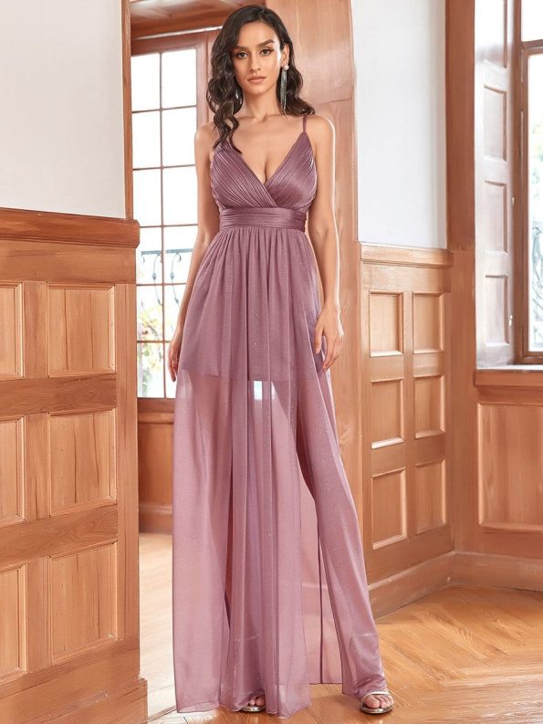 Spaghetti Strap 2 in 1 Sheer Evening Dress - Purple Orchid