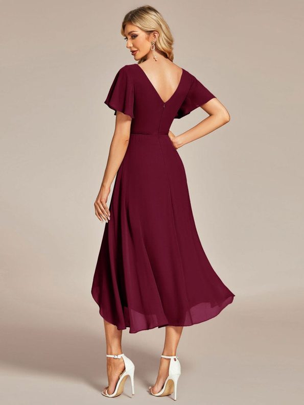 Flowing Chiffon V-Neck Ruffle Sleeves Bridesmaid Dress - Burgundy