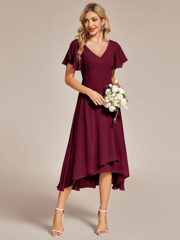 Flowing Chiffon V-Neck Ruffle Sleeves Bridesmaid Dress - Burgundy