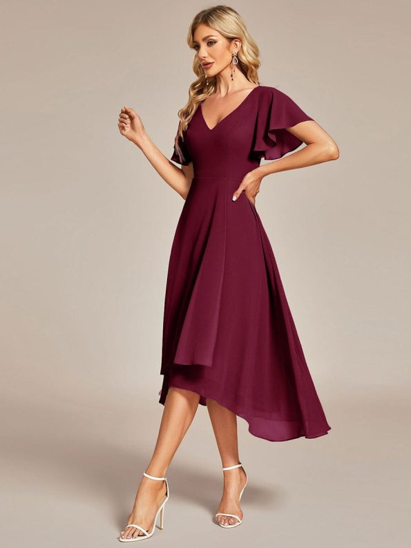 Flowing Chiffon V-Neck Ruffle Sleeves Bridesmaid Dress - Burgundy