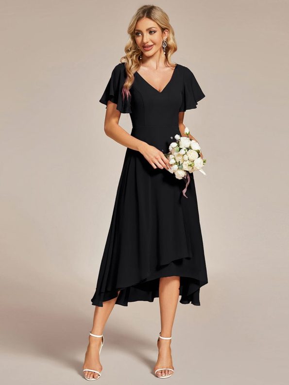 Flowing Chiffon V-Neck Ruffle Sleeves Bridesmaid Dress - Black