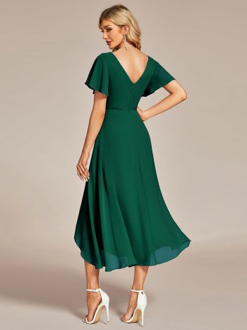 Flowing Chiffon V-Neck Ruffle Sleeves Bridesmaid Dress - Dark Green